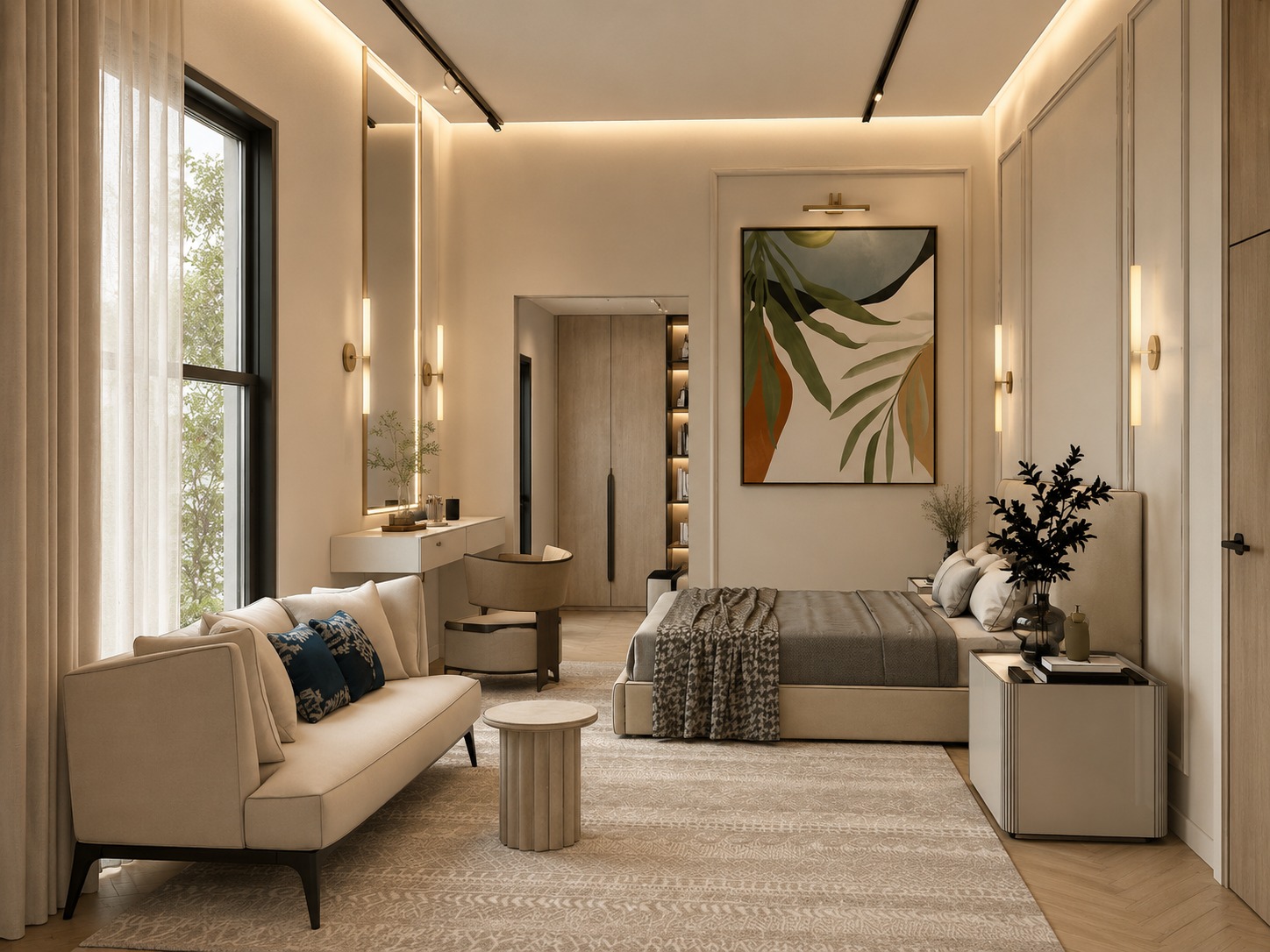 Bedroom suite 3D room design concept with warm lighting